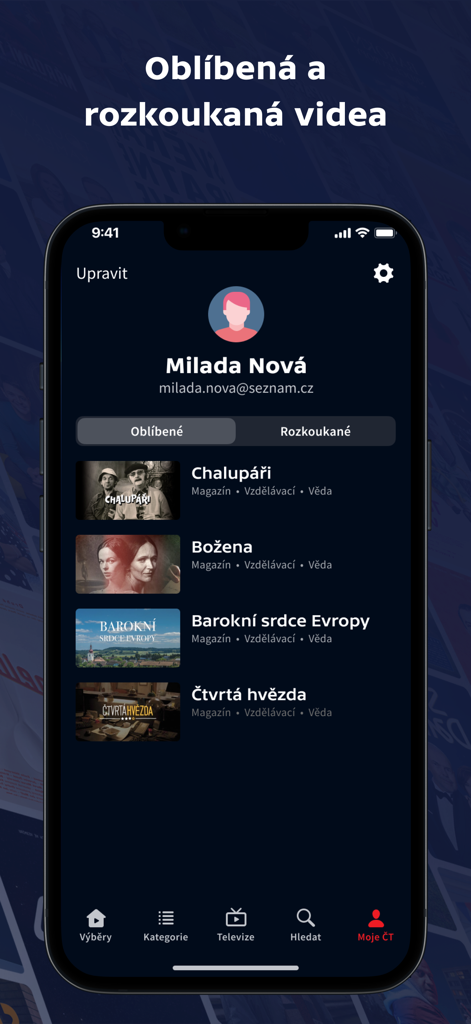 Página de perfil de la aplicación iVysilani que muestra las series de televisión checas favoritas
