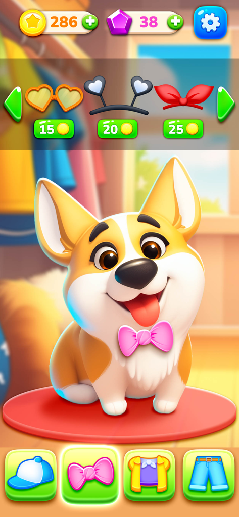 Archie, el perro virtual, en una pantalla de vestimenta con diferentes accesorios como gafas de sol y pajaritas.