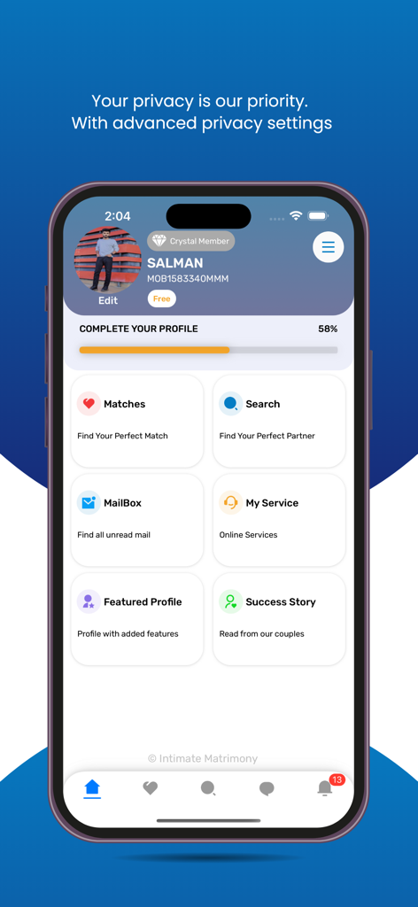 IntimateMatrimony - IntimateMatrimony app user dashboard showing profile status and privacy settings for Kerala matrimonial services