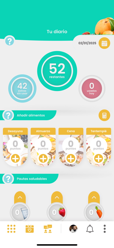 Daily points tracking screen of the Mi no dieta app showing remaining points and food logging sections