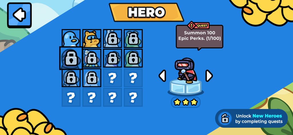 Waddle Wars: Roguelike Defense - Pantalla de selección de personajes en Waddle Wars mostrando un héroe pingüino y skins bloqueadas