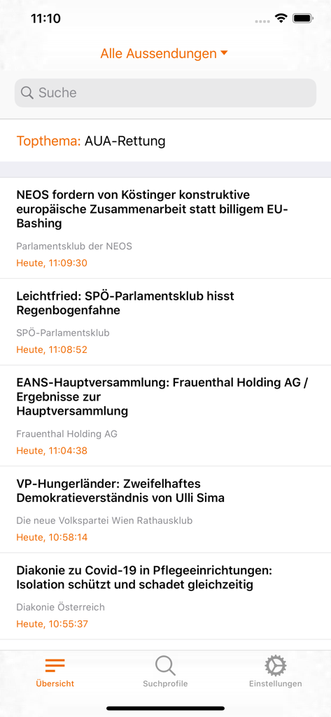 APA-OTS - Interface of the APA-OTS mobile app showing a list of the latest Austrian news headlines and press releases in German