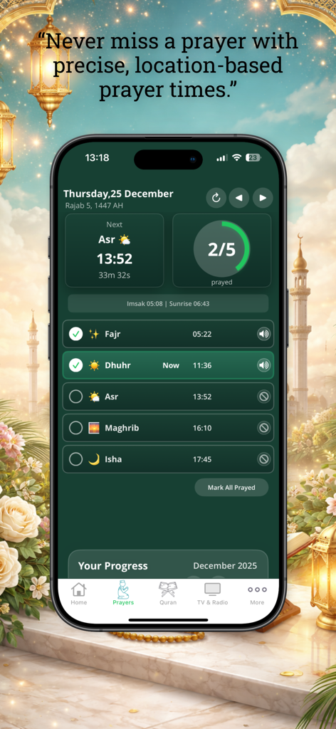 Quran Majeed app interface showing accurate location based prayer times and daily prayer progress