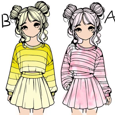 realistic girl with buns in her hair wearing a striped sweater and a skirt