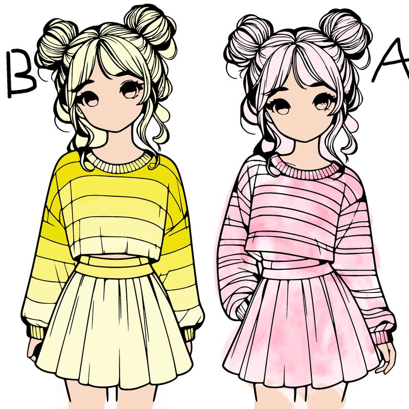realistic girl with buns in her hair wearing a striped sweater and a skirt