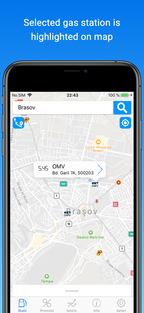 Screenshot der Peco Online App, die eine Karte mit einer ausgewählten OMV-Tankstelle und deren Kraftstoffpreis in Brasov anzeigt