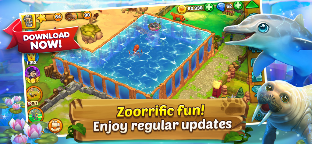 Gameplay screenshot of Zoo 2 Animal Park featuring a dolphin, a walrus, and an aquarium enclosure with an octopus.
