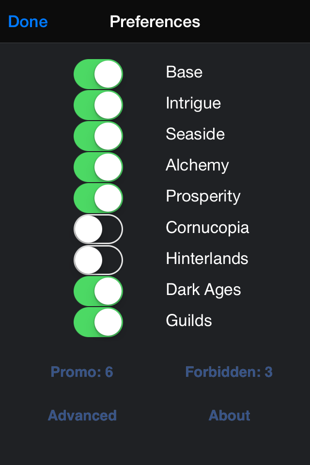 Tela de preferências mostrando uma lista de expansões do jogo Dominion com interruptores para ativá-las ou desativá-las no randomizador.