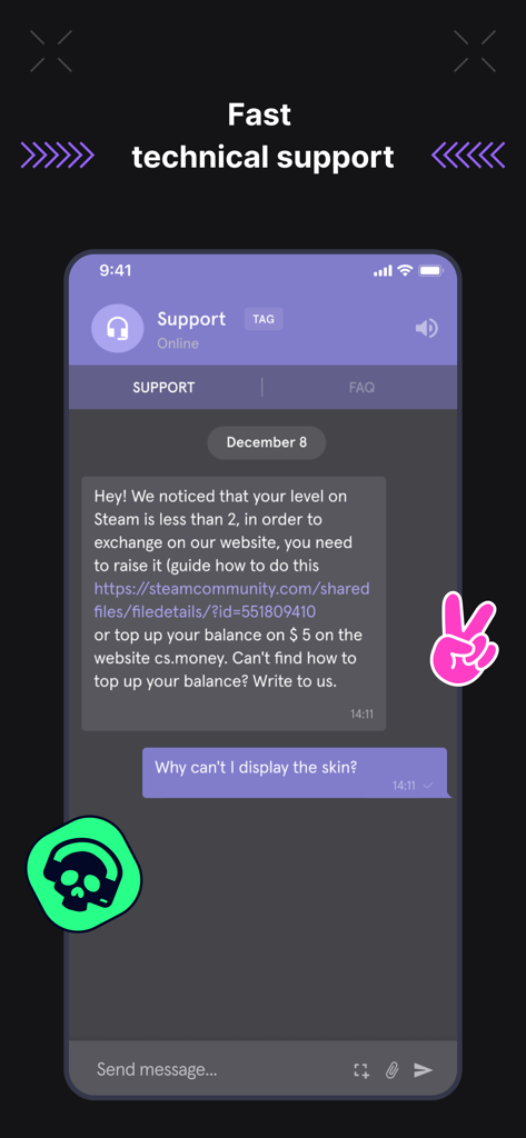 CS.MONEY - Tela de chat de suporte técnico do aplicativo CS.MONEY mostrando uma conversa com um agente online