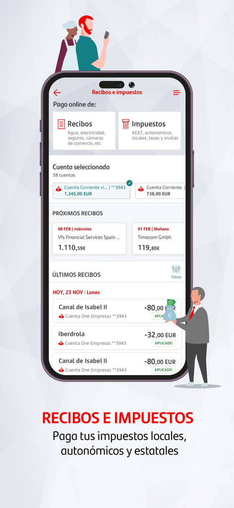 Interfaz de la aplicación móvil Santander Empresas para pagar recibos e impuestos de empresa en línea con historial de transacciones y saldos de cuenta