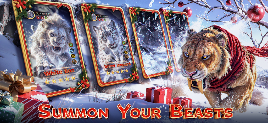 Beast Lord: The New Land - Tiercharakterkarten und ein Säbelzahntiger in einer verschneiten Winterlandschaft mit Weihnachtsdekorationen.