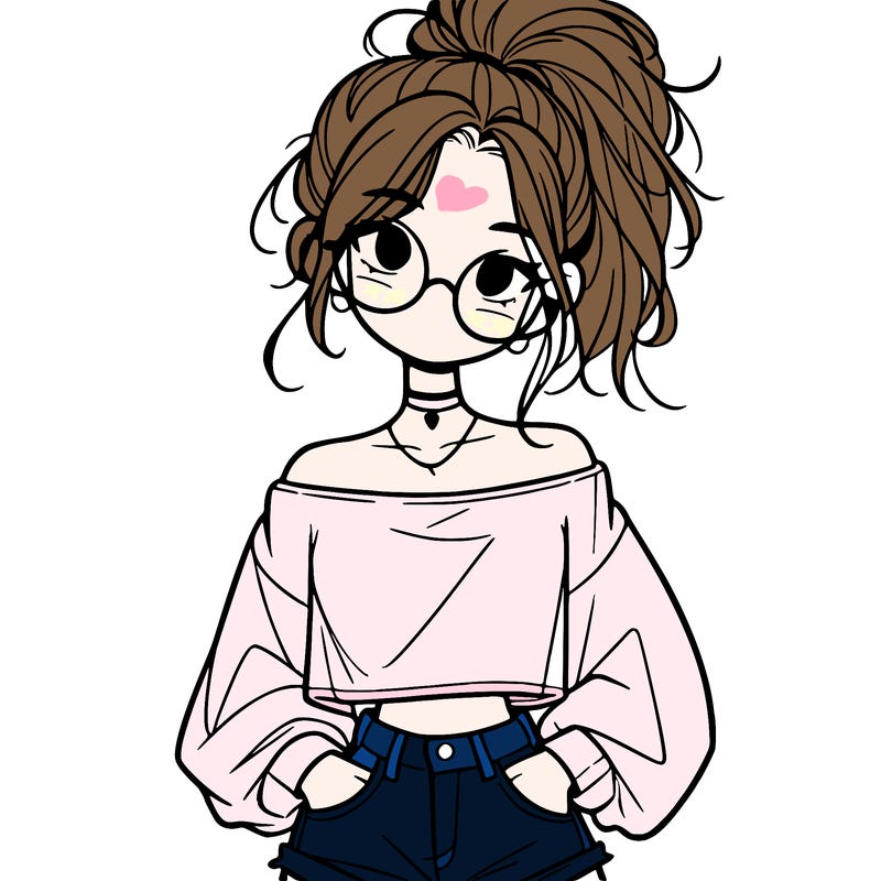 girl with a messy ponytail glasses a baggy crop top and jean shorts