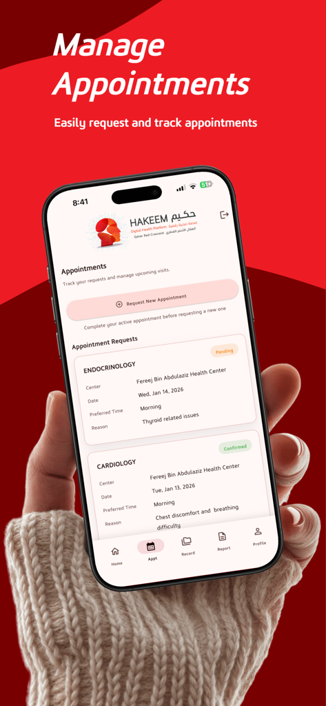 Interface do aplicativo Hakeem em um iPhone exibindo uma lista de solicitações e status de consultas médicas.