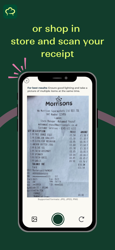 Una pantalla de teléfono móvil que ilustra la función de escaneo de recibos para rastrear comestibles en la aplicación Remy.