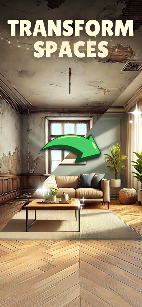 Real Estate Tycoon: Simulator - Una habitación antes y después de la renovación, mostrando un espacio decrépito transformado en una sala de estar moderna