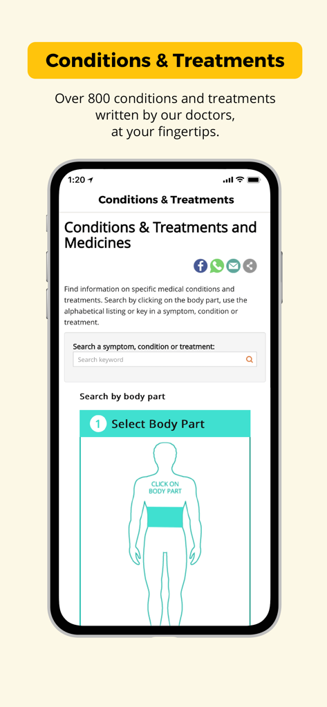 Health Buddy app screen showing search for medical conditions and a diagram to search by body part