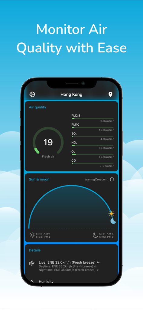 Weather Radar: Forecast Live - Interface of the Weather Radar app showing air quality index metrics and sun cycle data for Hong Kong.