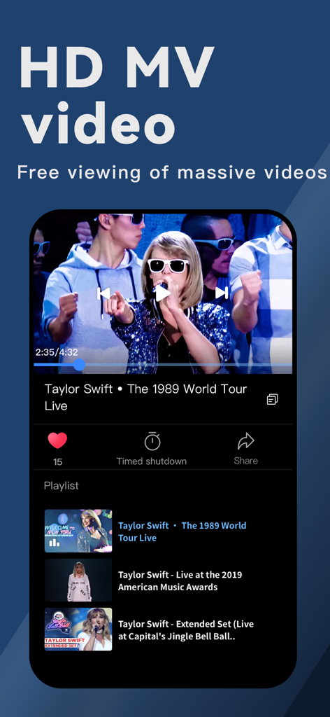 Mobile App-Bildschirm, der die HD-Musikvideo-Player-Funktion mit einem Live-Konzertvideo und einer empfohlenen Playlist anzeigt