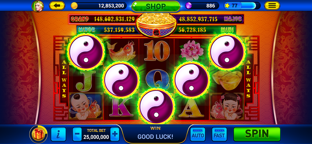 Golden City Casino - A Chinese themed slot machine in Golden City Casino featuring five glowing Yin Yang symbols and progressive jackpot counters
