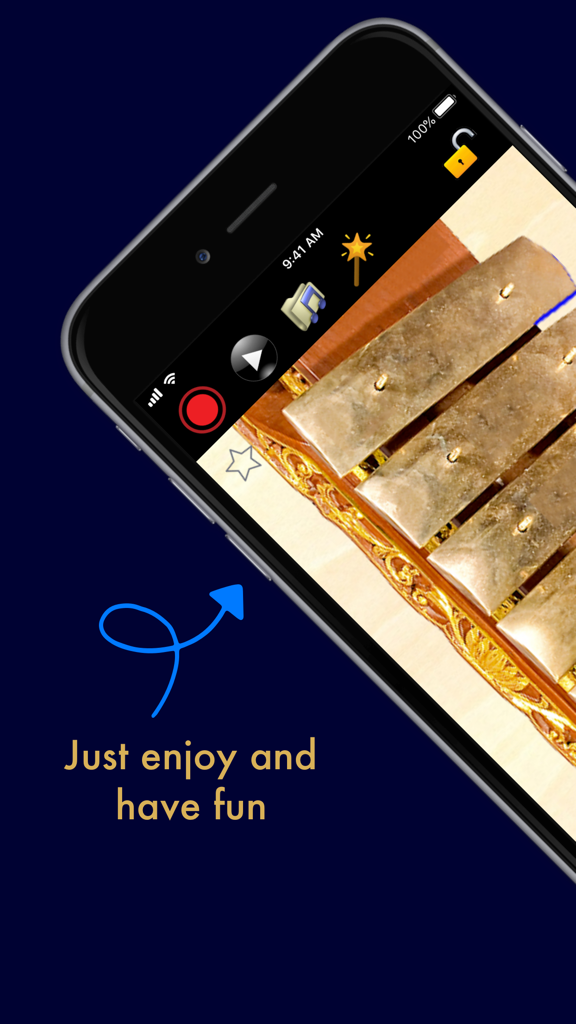 Gamelan Saron Xylophone app interface on a smartphone showing bronze bars and recording controls