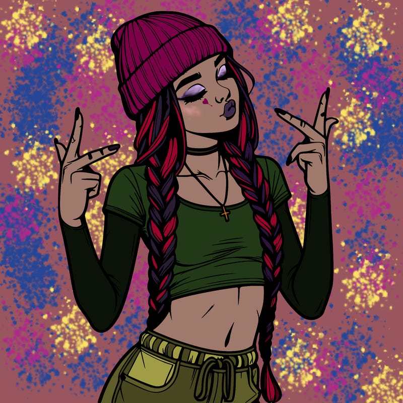 realistic teenage girl with braids and a beanie and crop top doing 🫶🏼