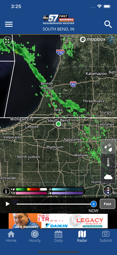 Street-level radar map of South Bend Indiana on the ABC 57 Weather app