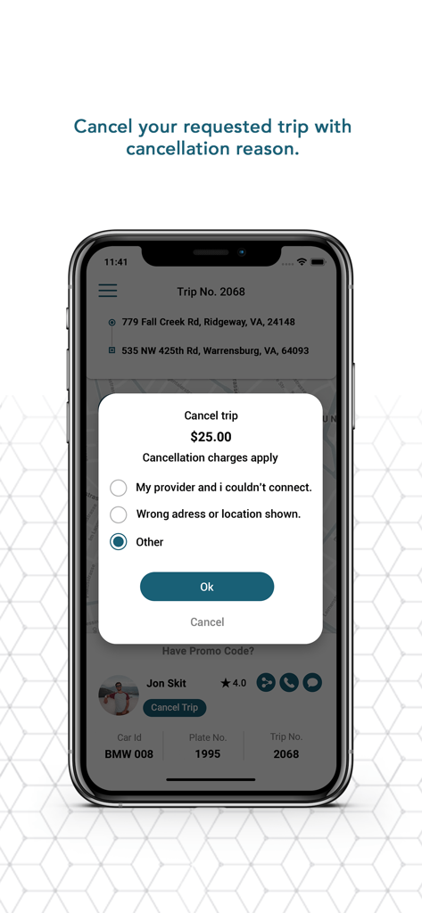 이유와 수수료 알림이 있는 조옌다 고객 앱 여행 취소 인터페이스를 보여주는 모바일 화면