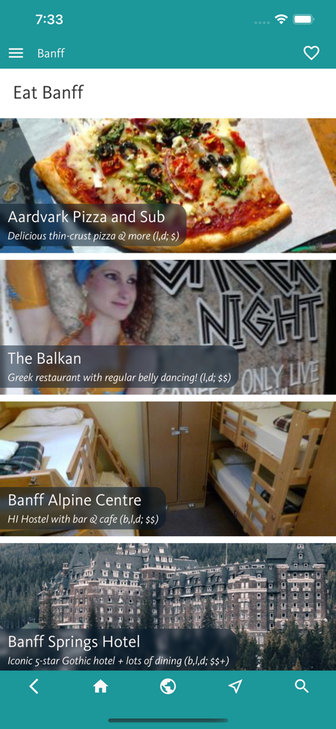Banff & Canada's Rockies Guide - Mobile app screen showing restaurant and hotel recommendations in Banff