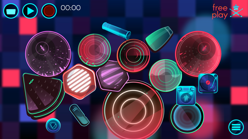Vibrant neon electronic drum kit interface with circular and hexagonal drum pads