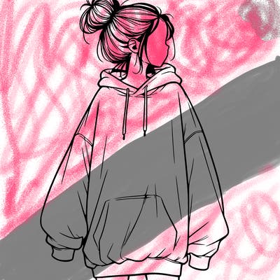 realistic girl with a oversized sweatshirt on and a bun