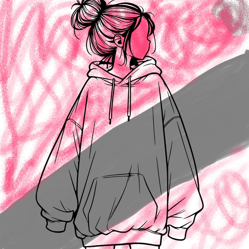 realistic girl with a oversized sweatshirt on and a bun
