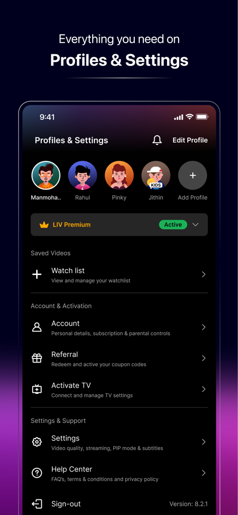 Sony LIV - Interfaccia dell'app Sony LIV che mostra profili utente e menu delle impostazioni dell'account