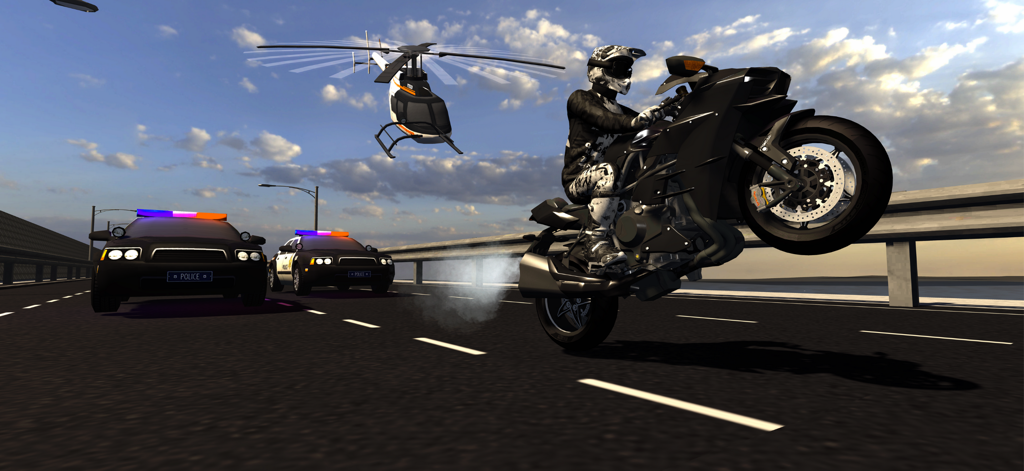 Motorcycle Sim: Multi - Un motorista realizando un caballito durante una persecución policial a alta velocidad con coches patrulla y un helicóptero.