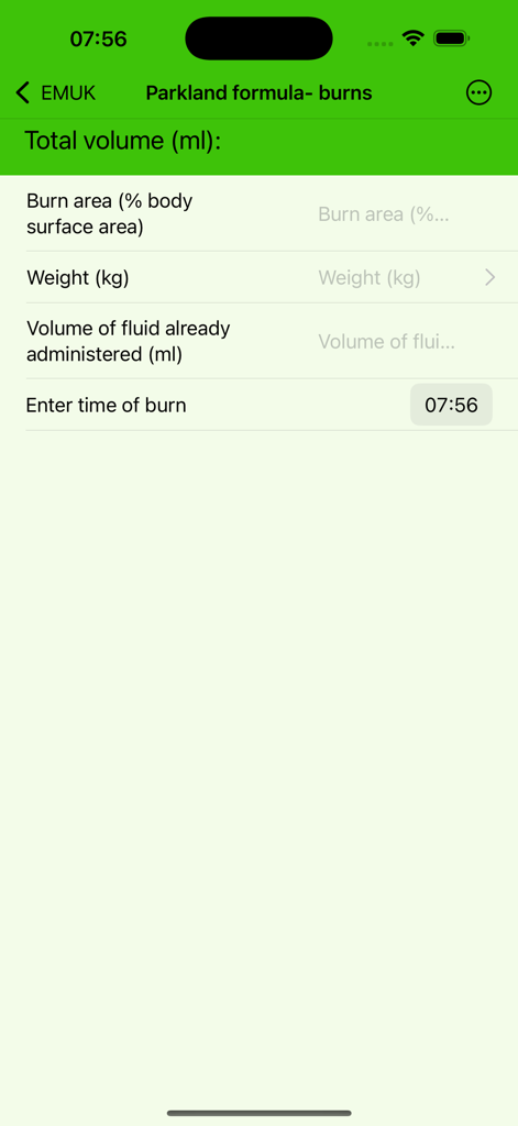 Pantalla de la fórmula de Parkland en la aplicación de medicina de urgencias EMUk que muestra campos para el área de quemadura y el peso