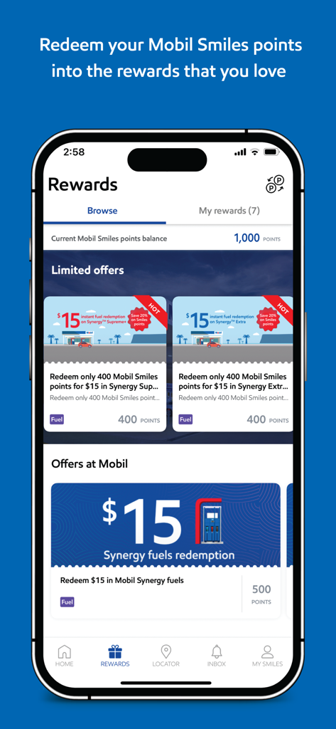 Mobil Guam app rewards screen showing fuel redemption offers and Mobil Smiles points balance