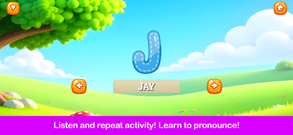 Learn Letters & Numbers - A screen from the Learn Letters and Numbers app showing the letter J and a pronunciation guide on a colorful landscape background.