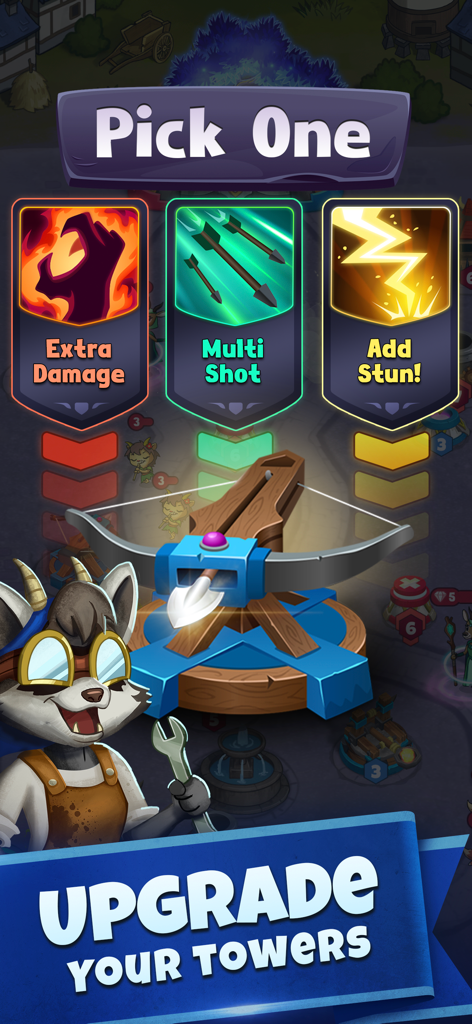 Tower Rush - Tower Defense TD - A screen from Tower Rush showing three upgrade options for a crossbow tower: Extra Damage, Multi Shot, and Add Stun.