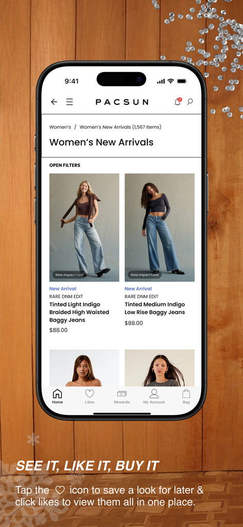 Pacsun - Interfaz de la app de Pacsun mostrando jeans holgados de nuevas llegadas para mujeres y una función de lista de deseos