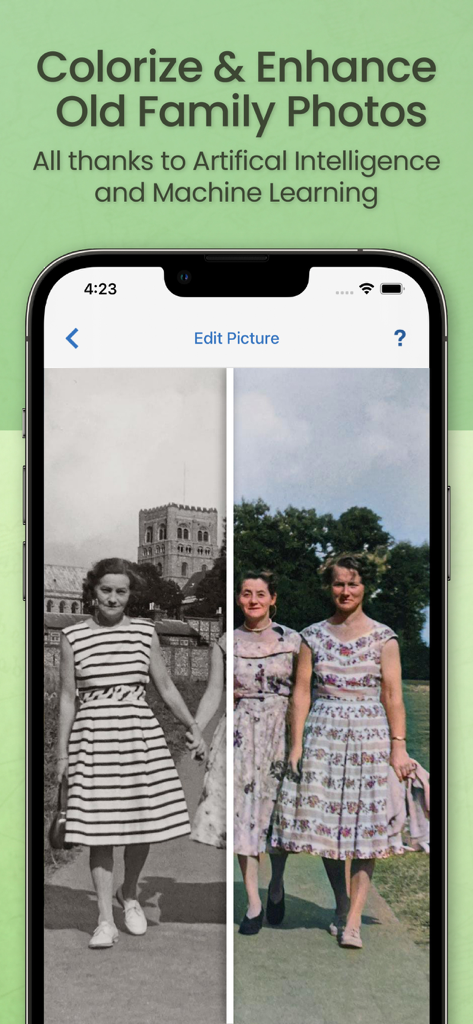 MobileFamilyTree 10 - Tela dividida mostrando uma foto em preto e branco ao lado de uma versão colorida no aplicativo MobileFamilyTree 10