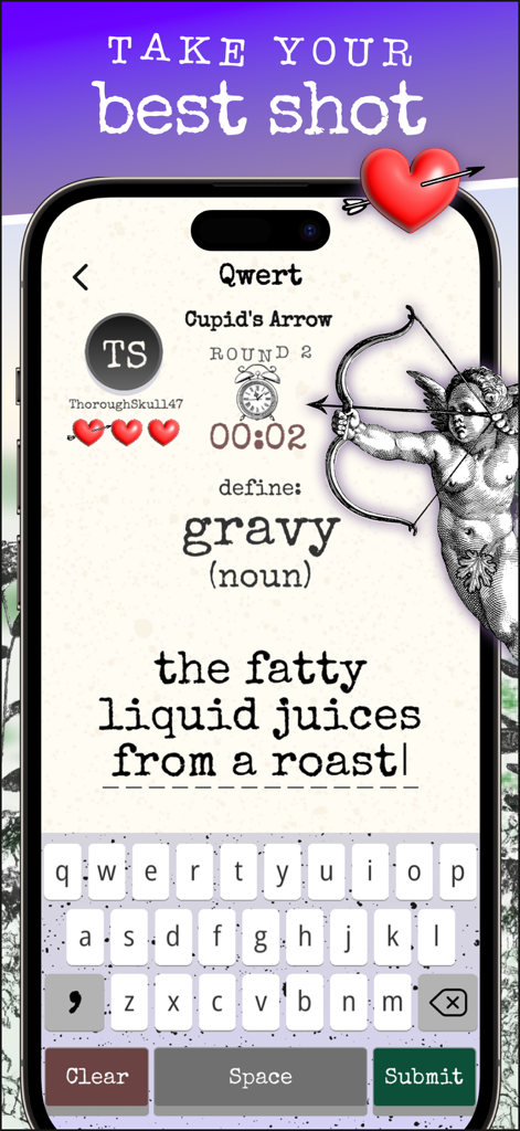 Qwert - The Typing Word Game - A vintage-style mobile game screen from Qwert showing the Cupid's Arrow mode where a player types the definition of the word gravy.