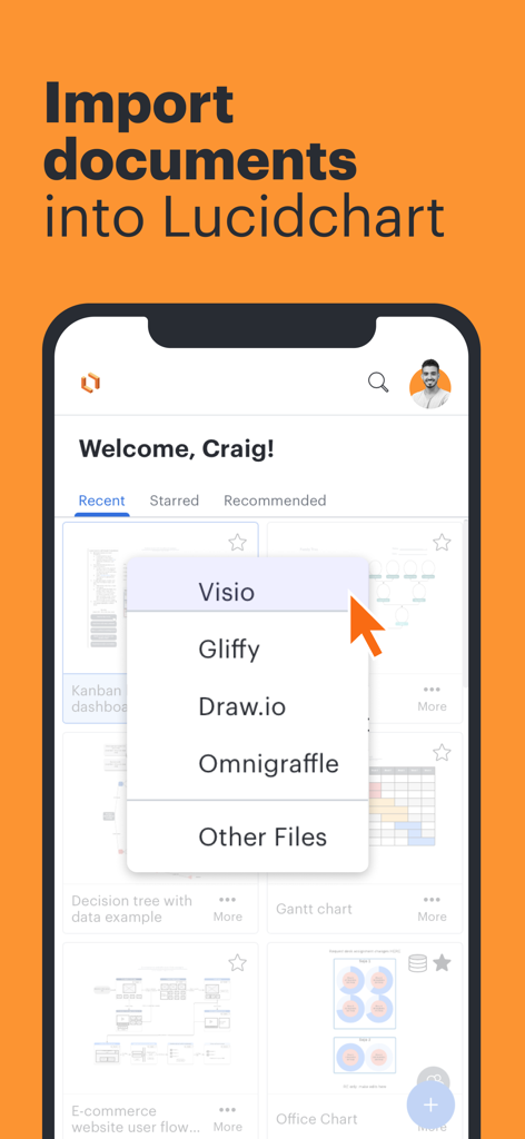Lucidchart - Lucidchart-Mobile-App-Oberfläche mit Optionen zum Importieren von Dokumenten von Visio, Gliffy und Drawio