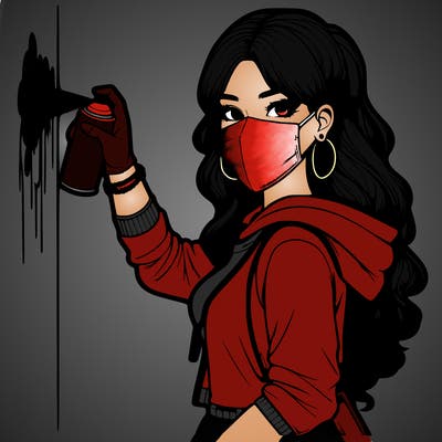 realistic girl with mask spray painting a wall