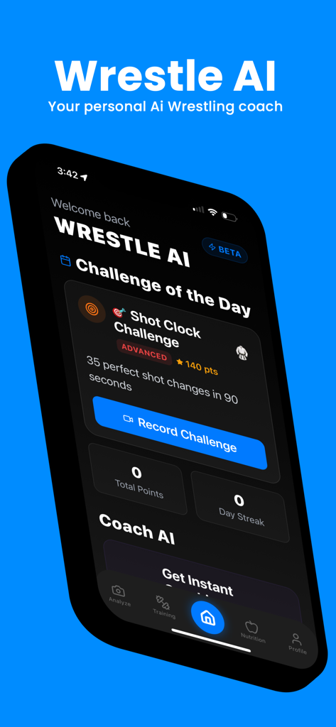 Wrestle AI - Smartphone screen showing the Wrestle AI app homepage with a daily wrestling challenge
