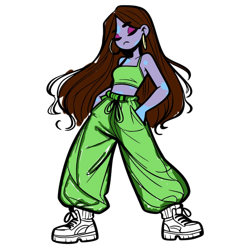 girl in baggy pants crop top and long hair