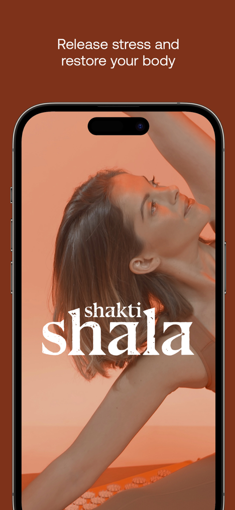 Shakti Shala - A woman practicing yoga on an acupressure mat within the Shakti Shala mobile app interface for stress relief and body restoration.