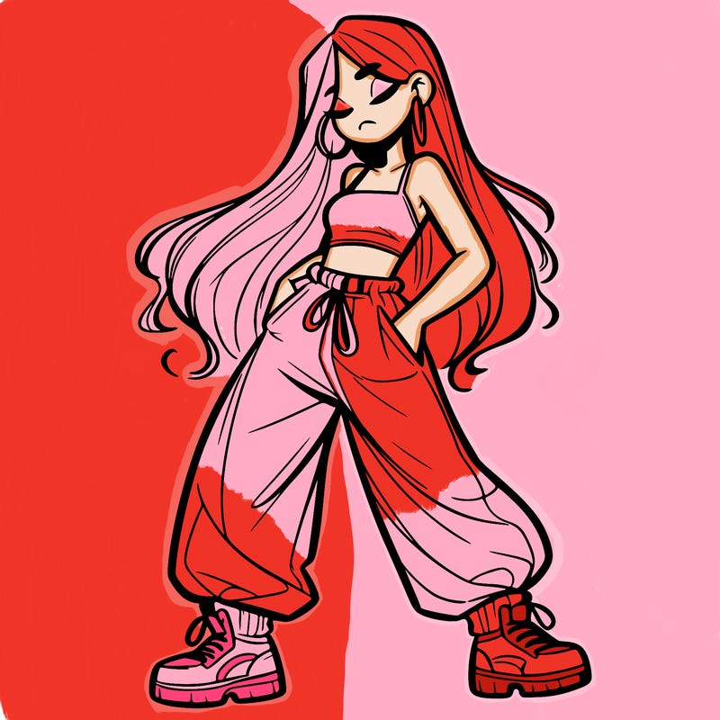 girl in baggy pants crop top and long hair