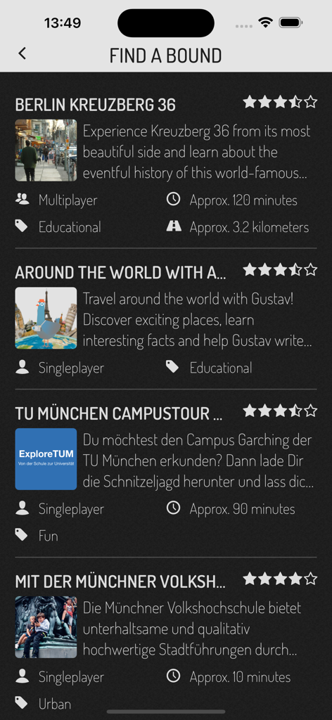 Actionbound - Actionbound app interface displaying a list of available digital scavenger hunts with ratings and descriptions