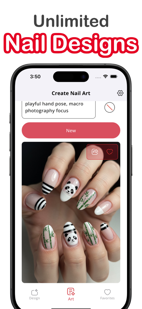 Interfaz de smartphone de la aplicación AI Nail Designer con un diseño creativo de uñas de panda y bambú generado por IA.