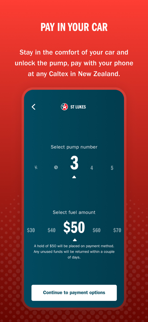 Caltex NZ app interface for selecting fuel pump number and payment amount