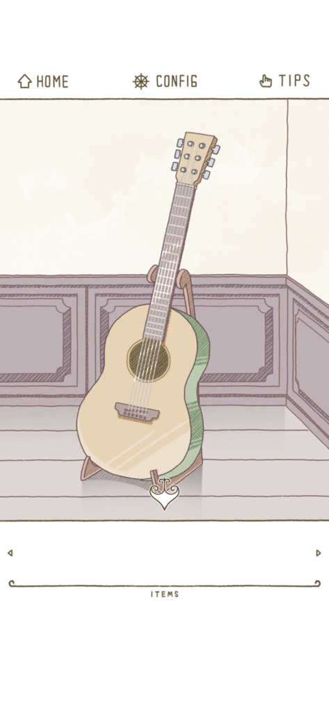 Una guitarra acústica suavemente dibujada a mano sobre un soporte dentro de una habitación del juego de escape Mimic